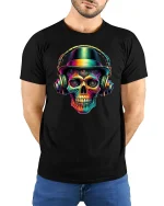 Colorful DJ Skull with Headphones Music Art T-Shirt - model wearing black tee with hands behind back