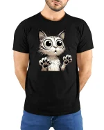 Funny Big Eyes Cat Surprised Expression Art T-Shirt - model wearing black tee with hands behind back