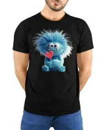 Cute Blue Furry Monster with Lollipop Funny T-Shirt - model wearing black tee with hands behind back