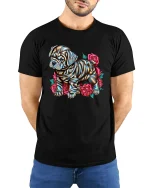 Shiny Bulldog with Roses Art Design Dog Lover T-Shirt - model wearing black tee with hands behind back