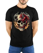 Fiery Red Dragon Skull Flame Power Art T-Shirt - model wearing black tee with hands behind back