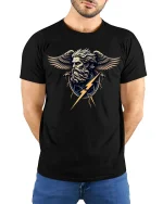 Zeus Lightning God Mythology Art Graphic T-Shirt - model wearing black tee with hands behind back