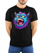 Crazy Blue Monster Face Funny Cartoon Art T-Shirt - model wearing black tee with hands behind back