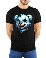 Cool Blue Bear Cartoon Face Fun Graphic T-Shirt - model wearing black tee with hands behind back