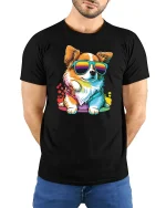 Cool Corgi With Rainbow Shades Funny Dog T-Shirt - model wearing black tee with hands behind back
