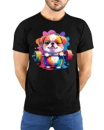 Funny Bulldog Weightlifting Colorful Gym T-Shirt - model wearing black tee with hands behind back