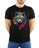 Tribal Wolf Spirit Bold Color Art Graphic T-Shirt - model wearing black tee with hands behind back