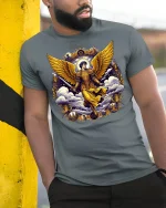 Golden Archangel Warrior Heaven Guardian T-Shirt - model wearing grey tee, leaning on column