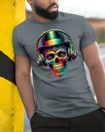 Colorful DJ Skull with Headphones Music Art T-Shirt - model wearing grey tee, leaning on column