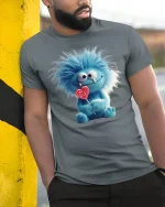 Cute Blue Furry Monster with Lollipop Funny T-Shirt - model wearing grey tee, leaning on column
