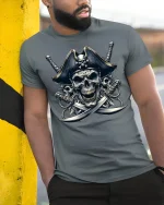 Fearless Pirate Skull Crossed Swords Graphic T-Shirt - model wearing grey tee, leaning on column