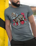 Shiny Bulldog with Roses Art Design Dog Lover T-Shirt - model wearing grey tee, leaning on column