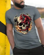 Fiery Red Dragon Skull Flame Power Art T-Shirt - model wearing grey tee, leaning on column