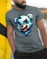 Cool Blue Bear Cartoon Face Fun Graphic T-Shirt - model wearing grey tee, leaning on column