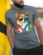 Cool Corgi With Rainbow Shades Funny Dog T-Shirt - model wearing grey tee, leaning on column