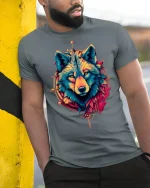 Tribal Wolf Spirit Bold Color Art Graphic T-Shirt - model wearing grey tee, leaning on column