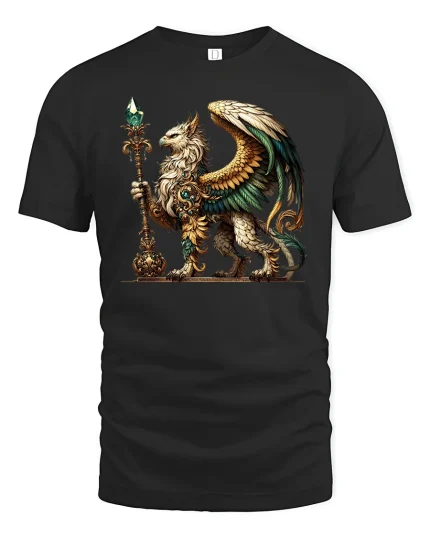 Golden Griffin T-Shirt - Mythic Guardian Art Tee - black t-shirt on white background