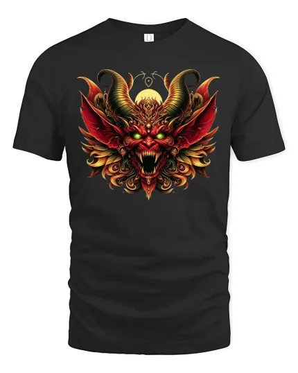Inferno Demon T-Shirt - Fiery Horned Beast Art Tee - black t-shirt on white background