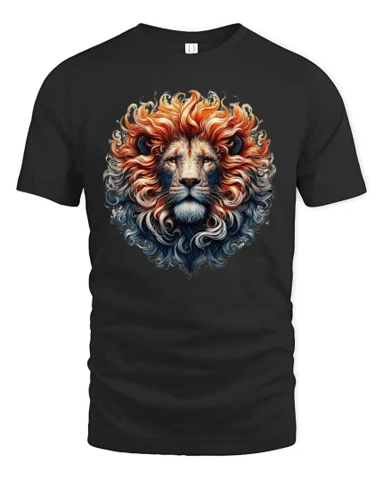 Majestic Lion Flame T-Shirt - King of Jungle Art Tee - black t-shirt on white background