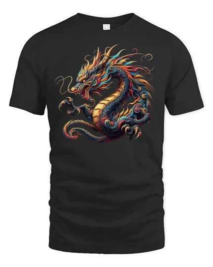 Firestorm Dragon T-Shirt - Mythic Oriental Art Tee - black t-shirt on white background