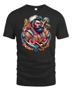 Old Sailor Anchor T-Shirt - Nautical Tattoo Art Tee - black t-shirt on white background