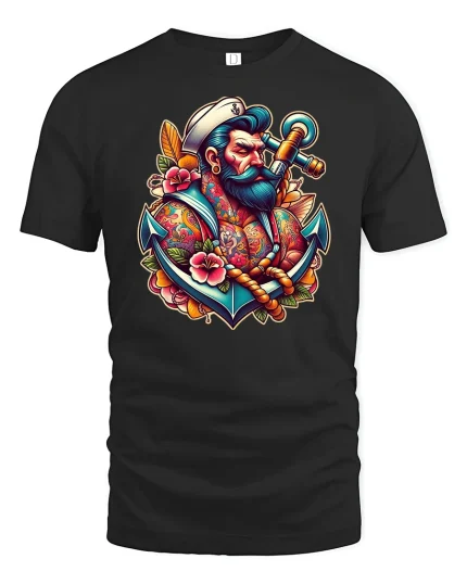 Old Sailor Anchor T-Shirt - Nautical Tattoo Art Tee - black t-shirt on white background