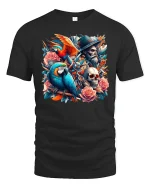 Pirate Parrot Skull T-Shirt - Tropical Rebel Art Tee - black t-shirt on white background