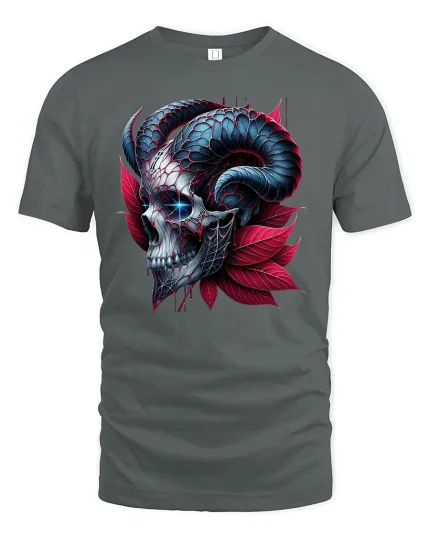 Dark Skull Horns T-Shirt - Gothic Devil Art Tee - gray t-shirt on white background