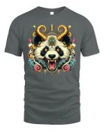 Demon Panda T-Shirt - Crazy Horned Beast Art Tee - gray t-shirt on white background
