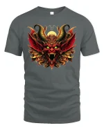 Inferno Demon T-Shirt - Fiery Horned Beast Art Tee - gray t-shirt on white background