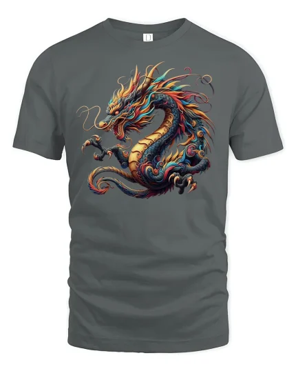 Firestorm Dragon T-Shirt - Mythic Oriental Art Tee - gray t-shirt on white background