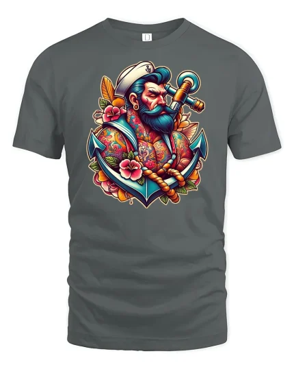 Old Sailor Anchor T-Shirt - Nautical Tattoo Art Tee - gray t-shirt on white background