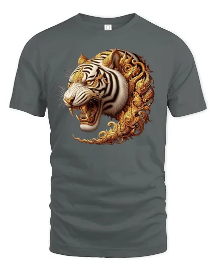 Golden Tiger Fury T-Shirt - Majestic Wild Power Tee - gray t-shirt on white background