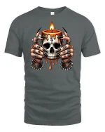 Skull Candle Hands T-Shirt - Gothic Witch Art Tee - gray t-shirt on white background