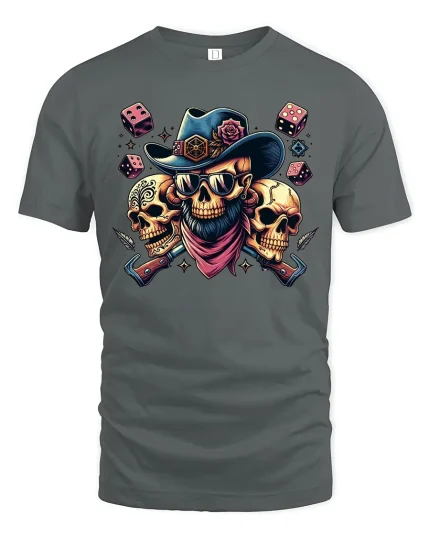 Wild West Skull T-Shirt - Cowboy Dice Art Tee - gray t-shirt on white background