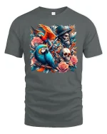 Pirate Parrot Skull T-Shirt - Tropical Rebel Art Tee - gray t-shirt on white background