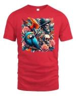 Pirate Parrot Skull T-Shirt - Tropical Rebel Art Tee - red t-shirt on white background