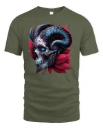 Dark Skull Horns T-Shirt - Gothic Devil Art Tee - military green t-shirt on white background