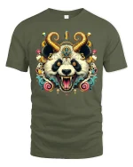 Demon Panda T-Shirt - Crazy Horned Beast Art Tee - military green t-shirt on white background