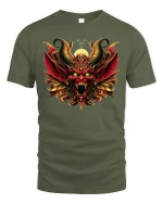 Inferno Demon T-Shirt - Fiery Horned Beast Art Tee - military green t-shirt on white background