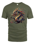 Firestorm Dragon T-Shirt - Mythic Oriental Art Tee - military green t-shirt on white background