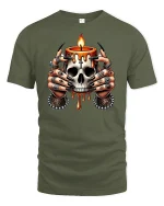 Skull Candle Hands T-Shirt - Gothic Witch Art Tee - military green t-shirt on white background