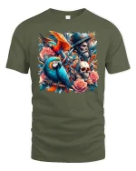 Pirate Parrot Skull T-Shirt - Tropical Rebel Art Tee - military green t-shirt on white background