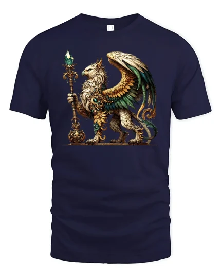Golden Griffin T-Shirt - Mythic Guardian Art Tee - navy t-shirt on white background