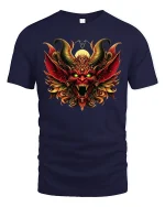 Inferno Demon T-Shirt - Fiery Horned Beast Art Tee - navy t-shirt on white background