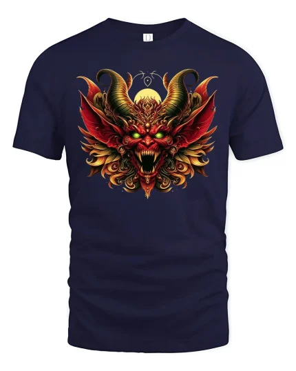 Inferno Demon T-Shirt - Fiery Horned Beast Art Tee - navy t-shirt on white background
