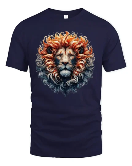 Majestic Lion Flame T-Shirt - King of Jungle Art Tee - navy t-shirt on white background