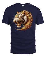 Golden Tiger Fury T-Shirt - Majestic Wild Power Tee - navy t-shirt on white background