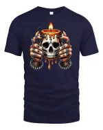 Skull Candle Hands T-Shirt - Gothic Witch Art Tee - navy t-shirt on white background