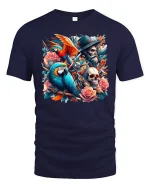 Pirate Parrot Skull T-Shirt - Tropical Rebel Art Tee - navy t-shirt on white background